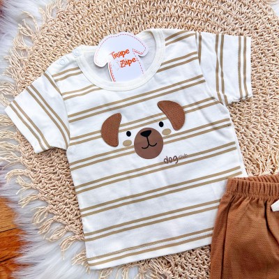  Conj. Camiseta Listrada Dog Club e Bermuda - Marrom e Off White
